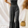 Discount Dear-Lover Thin Straps Smocked Bodice Wide Leg Floral Jumpsuit Black
