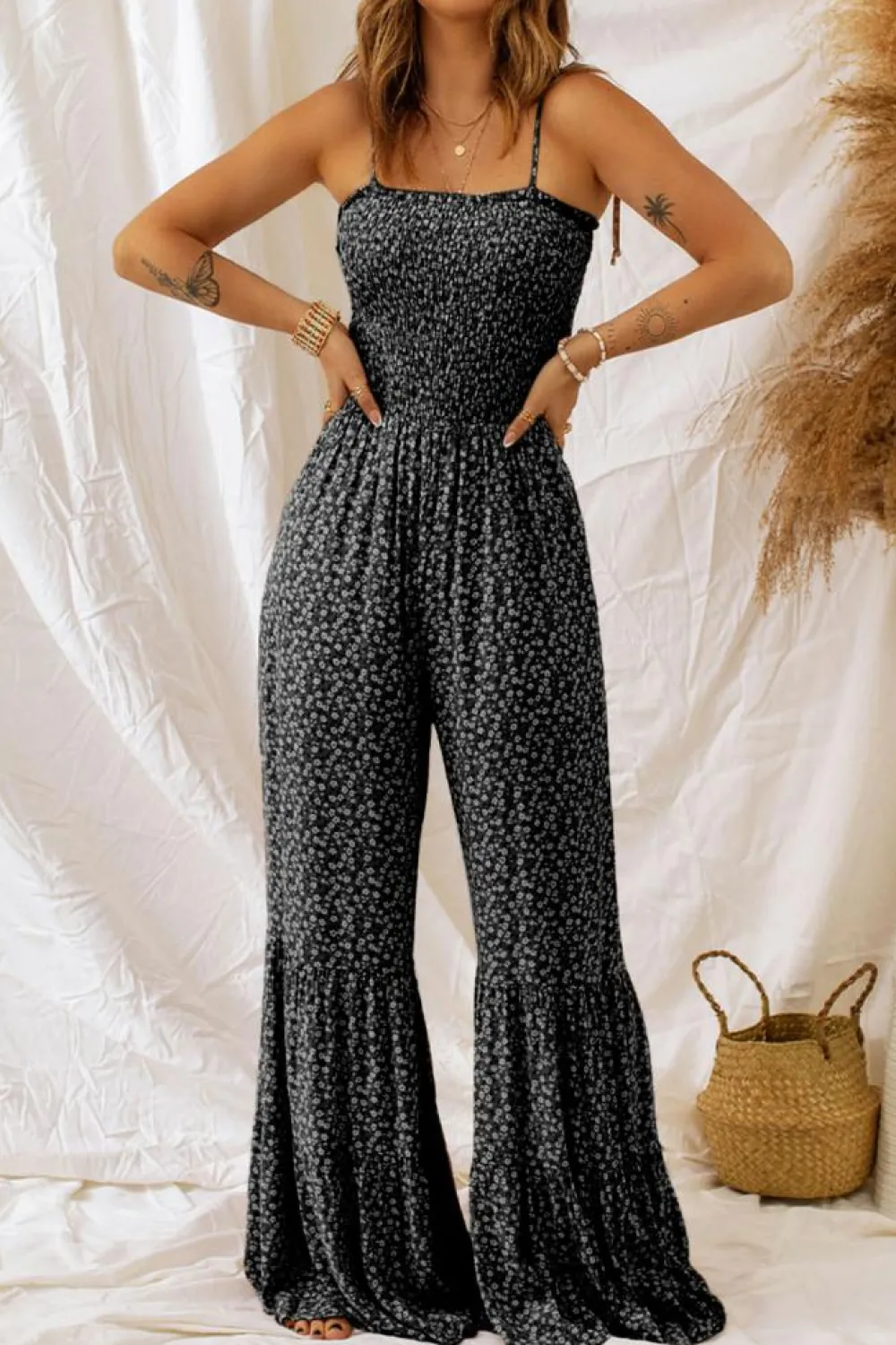 Discount Dear-Lover Thin Straps Smocked Bodice Wide Leg Floral Jumpsuit Black