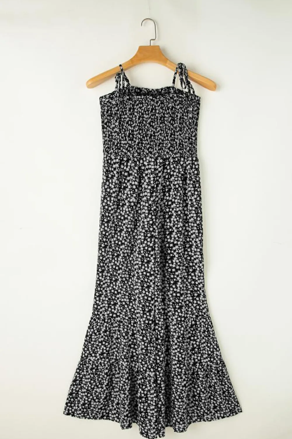 Discount Dear-Lover Thin Straps Smocked Bodice Wide Leg Floral Jumpsuit Black