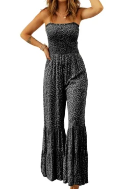 Discount Dear-Lover Thin Straps Smocked Bodice Wide Leg Floral Jumpsuit Black