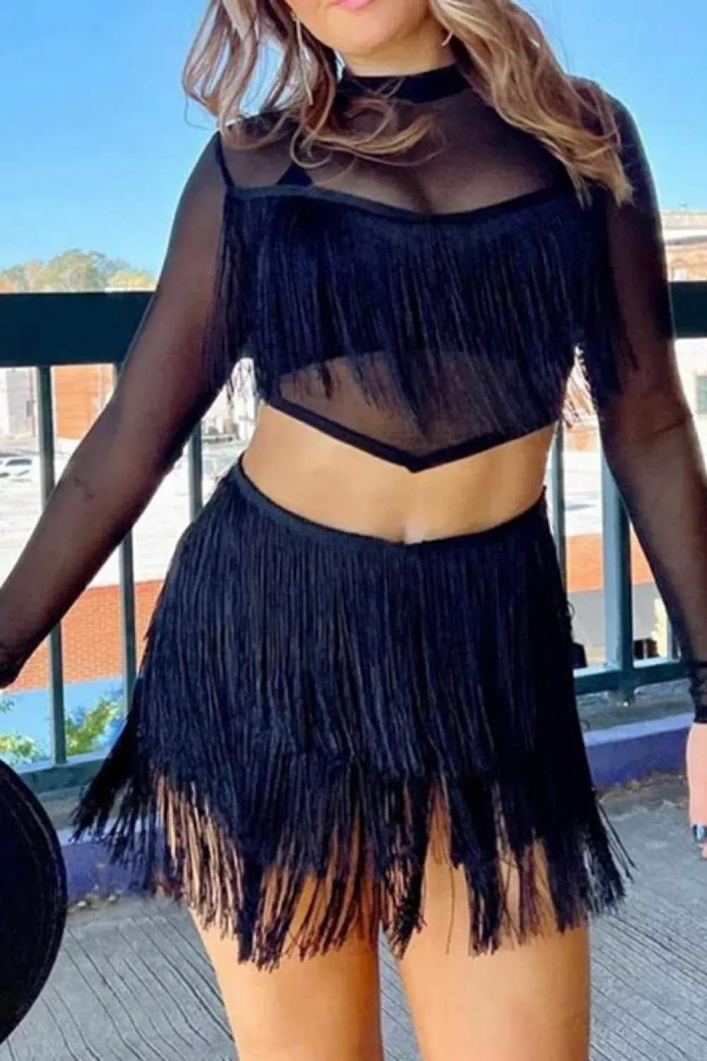 Clearance Dear-Lover Tiered Fringe Trimmed Mini Skirt Black