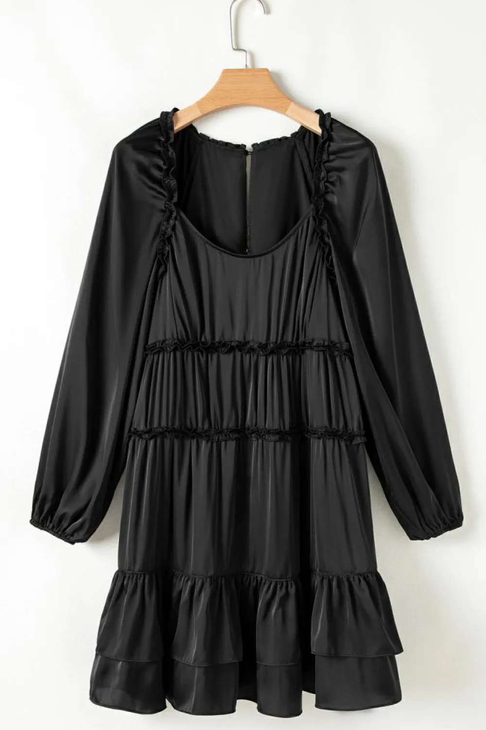 Hot Dear-Lover Tiered Ruffled Puff Sleeve Loose Fit Mini Dress Black