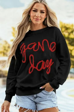 New Dear-Lover Tinsel Game Day Drop Shoulder Graphic Sweatshirt Black