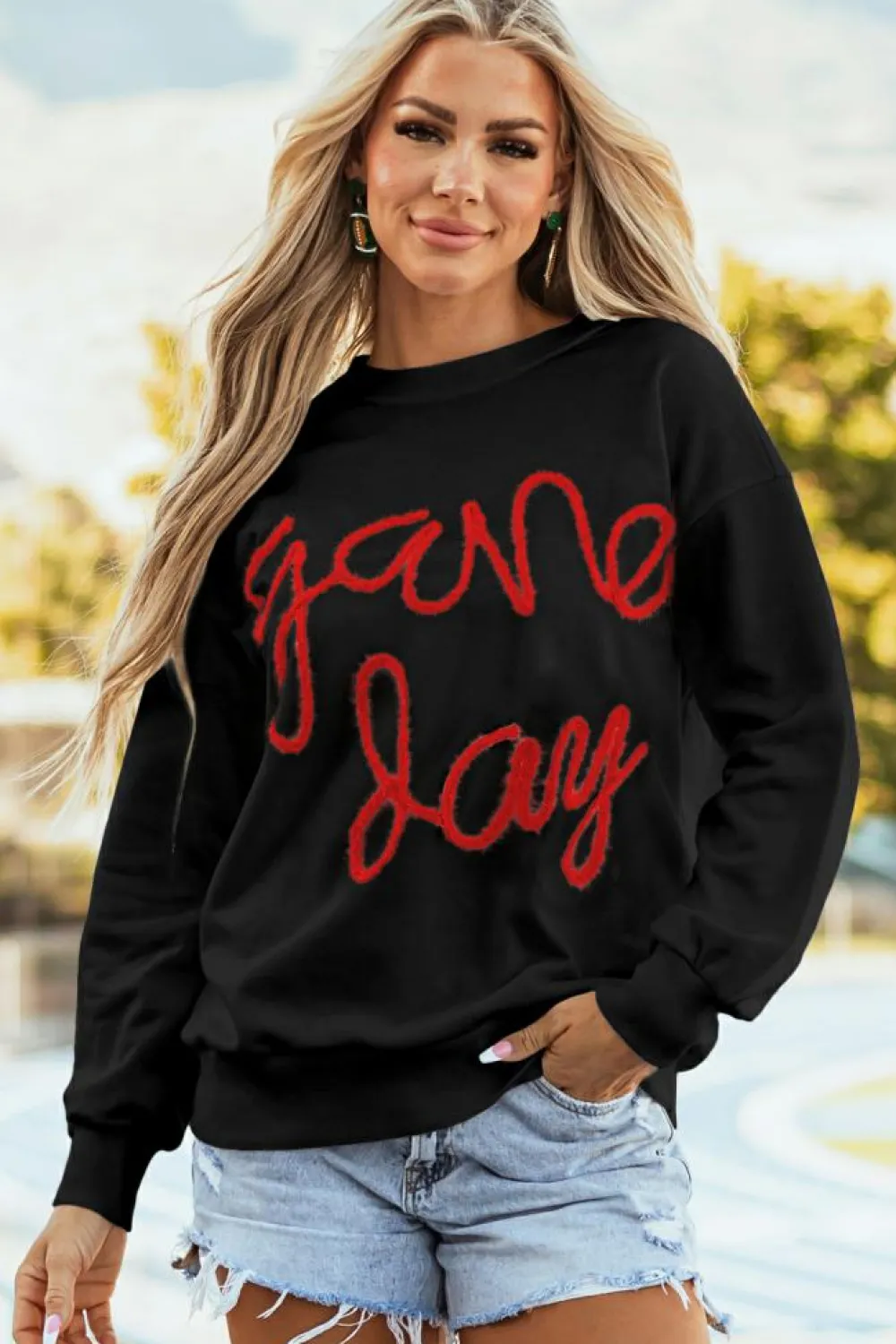 New Dear-Lover Tinsel Game Day Drop Shoulder Graphic Sweatshirt Black