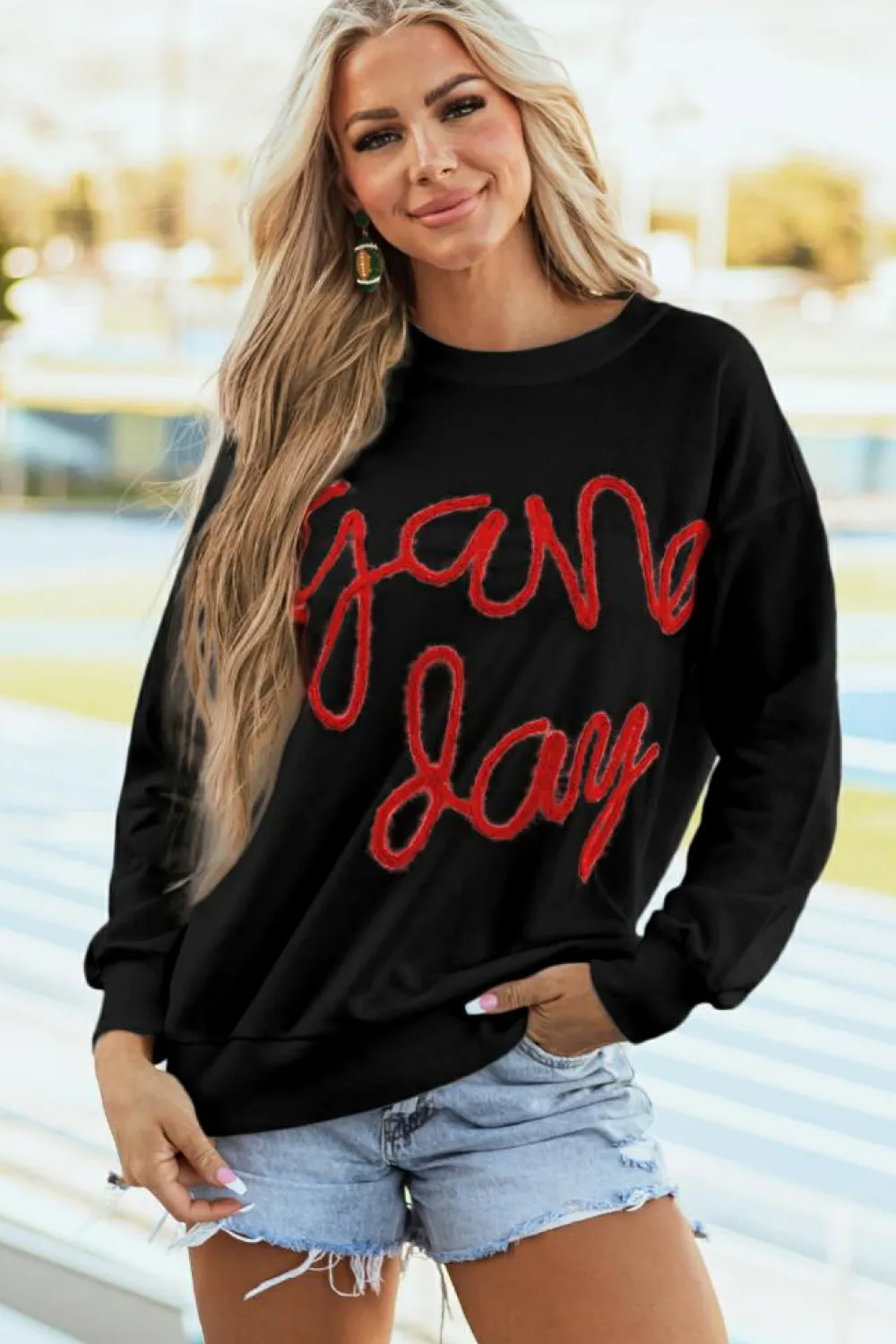 New Dear-Lover Tinsel Game Day Drop Shoulder Graphic Sweatshirt Black
