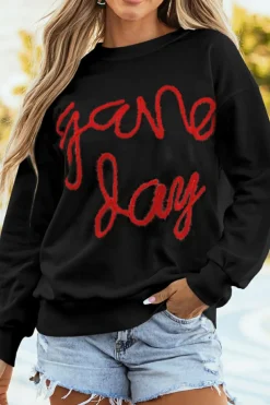 New Dear-Lover Tinsel Game Day Drop Shoulder Graphic Sweatshirt Black