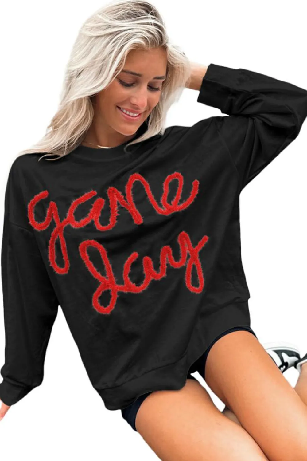 New Dear-Lover Tinsel Game Day Drop Shoulder Graphic Sweatshirt Black