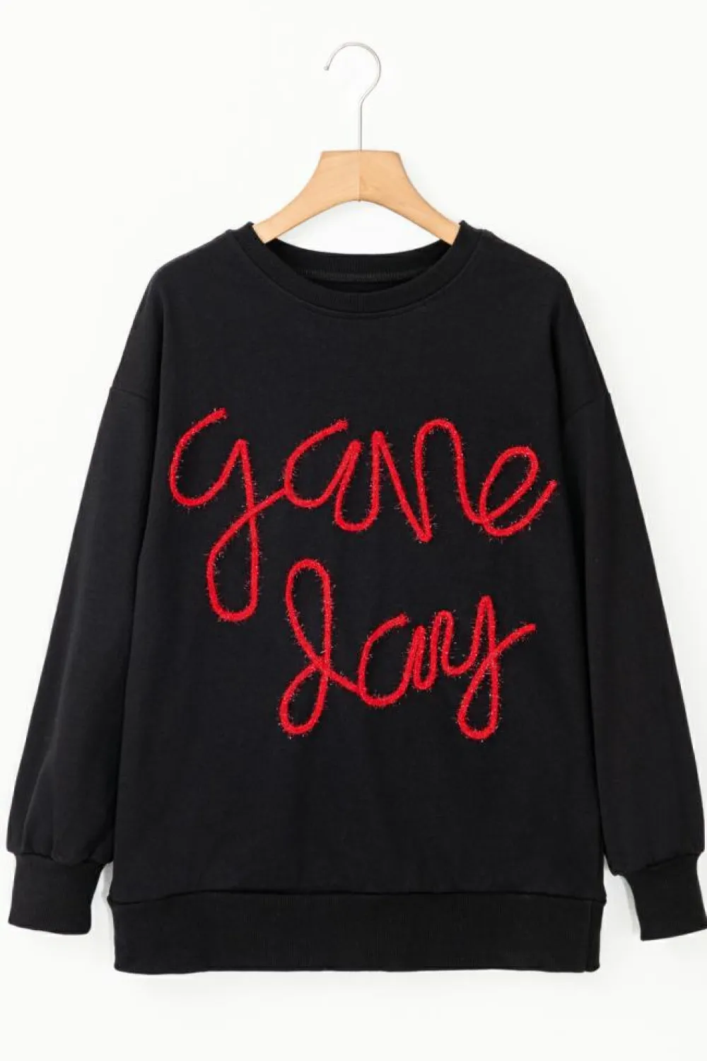New Dear-Lover Tinsel Game Day Drop Shoulder Graphic Sweatshirt Black