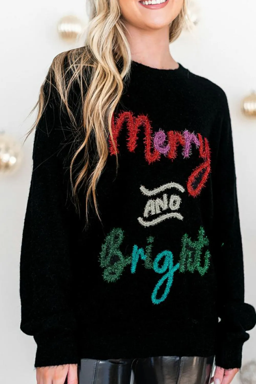 Online Dear-Lover Tinsel Merry and Bright Graphic Christmas Sweater Black