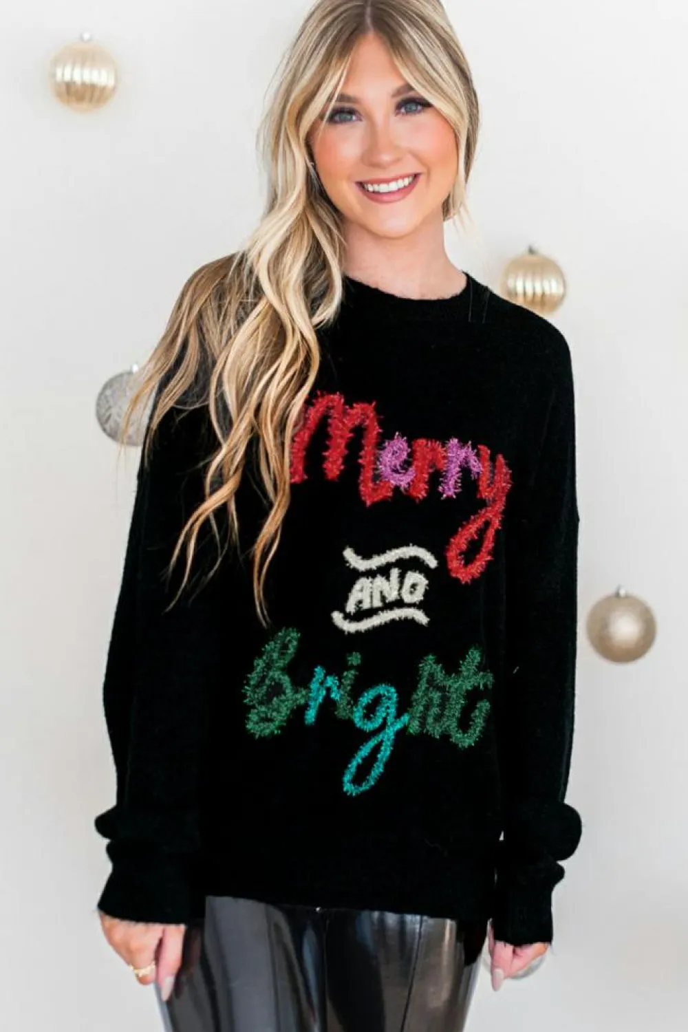 Online Dear-Lover Tinsel Merry and Bright Graphic Christmas Sweater Black
