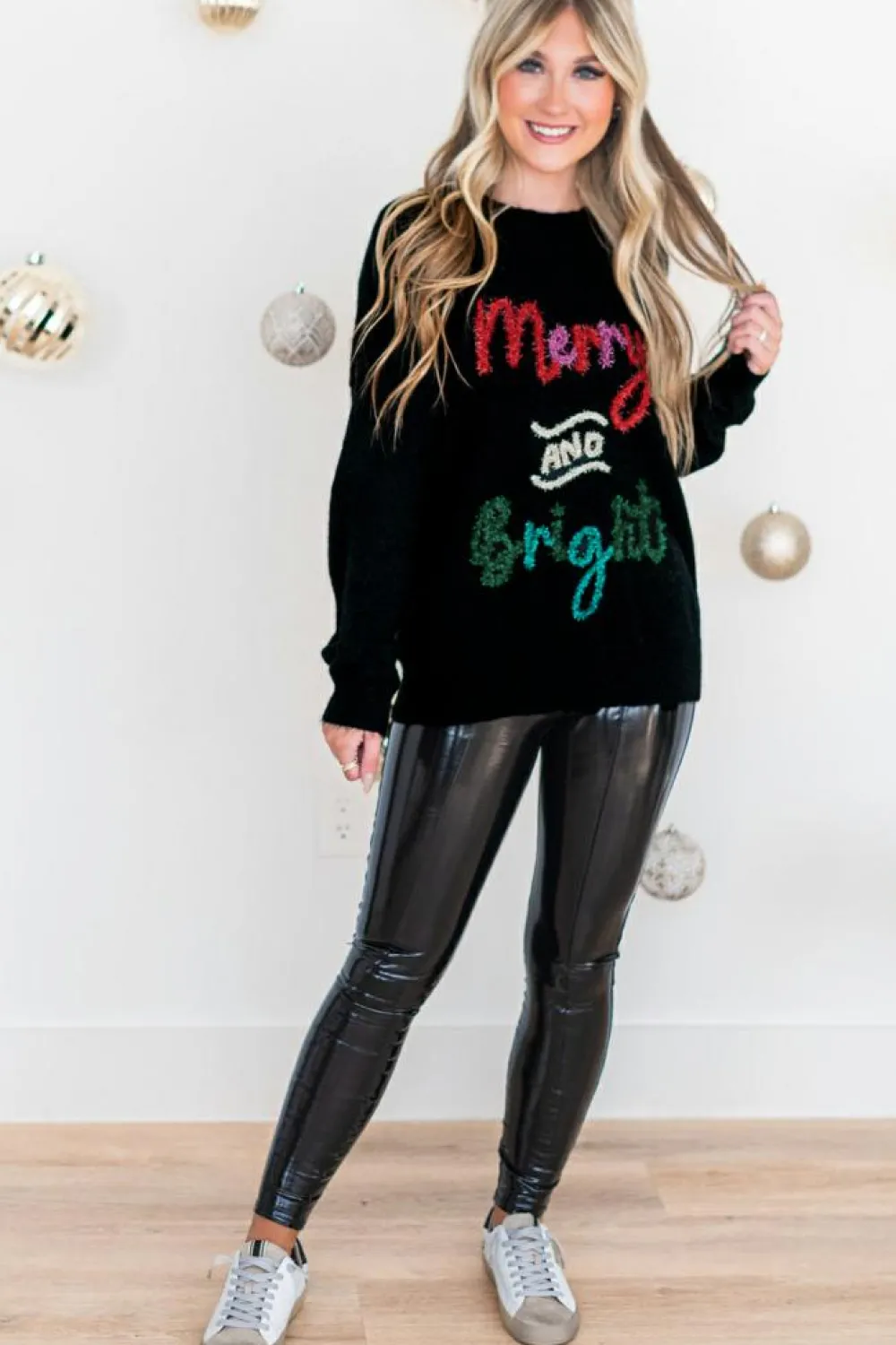 Online Dear-Lover Tinsel Merry and Bright Graphic Christmas Sweater Black