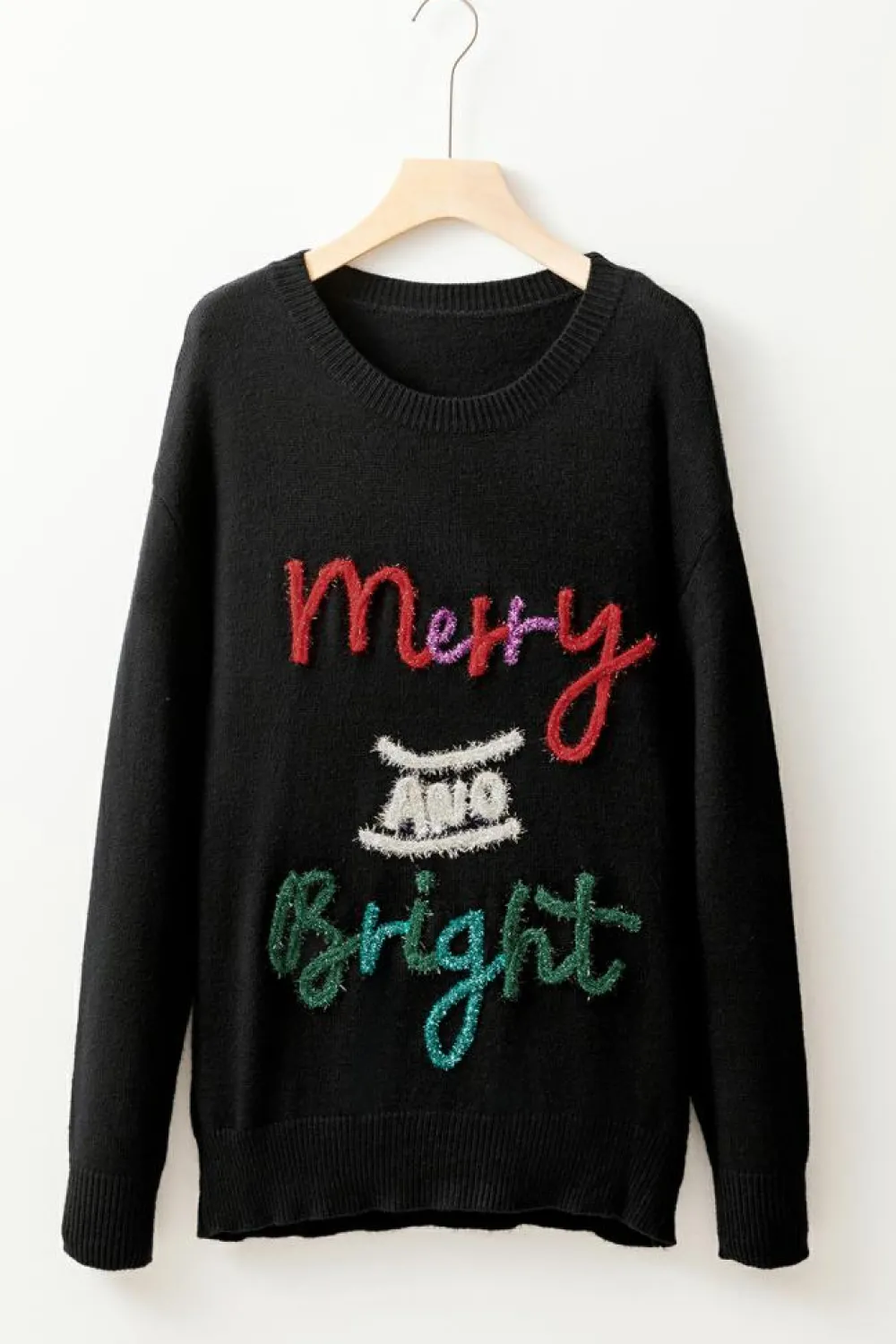 Online Dear-Lover Tinsel Merry and Bright Graphic Christmas Sweater Black