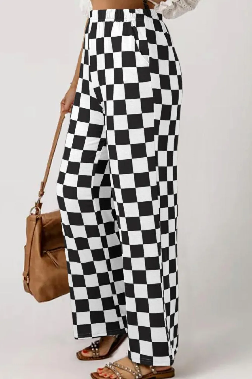 Hot Dear-Lover 2-Tone Checked Print High Waist Wide Leg Pants Black