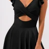 Clearance Dear-Lover 2-tone Patchwork Crossed Cutout One Piece Swimdress Black