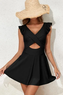 Clearance Dear-Lover 2-tone Patchwork Crossed Cutout One Piece Swimdress Black