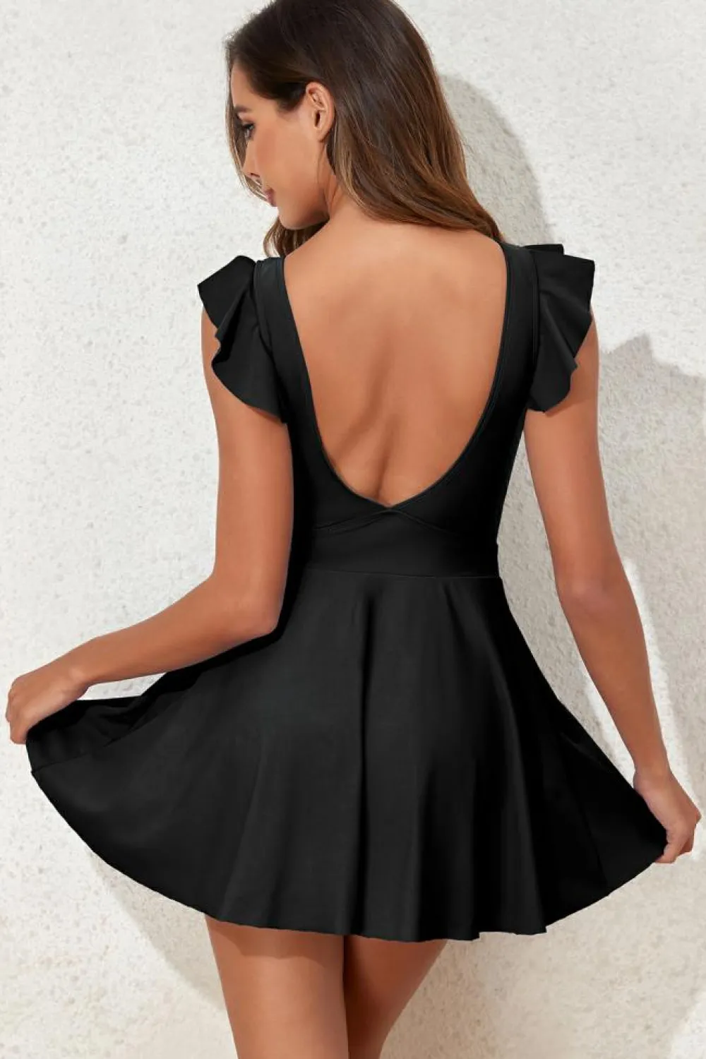 Clearance Dear-Lover 2-tone Patchwork Crossed Cutout One Piece Swimdress Black