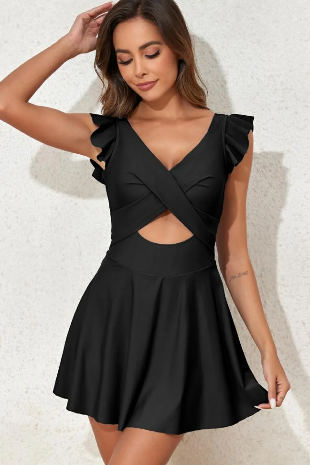 Clearance Dear-Lover 2-tone Patchwork Crossed Cutout One Piece Swimdress Black