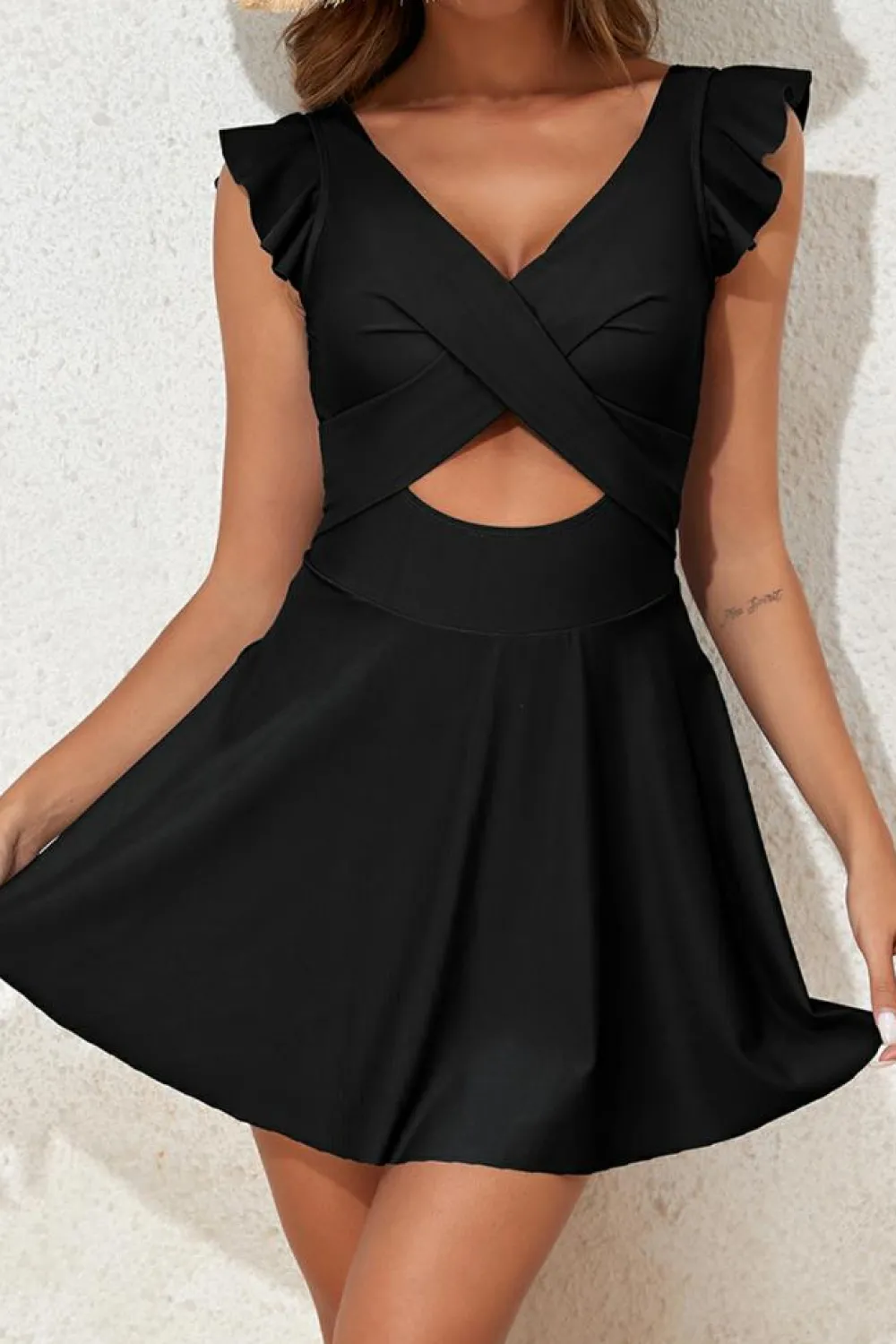 Clearance Dear-Lover 2-tone Patchwork Crossed Cutout One Piece Swimdress Black