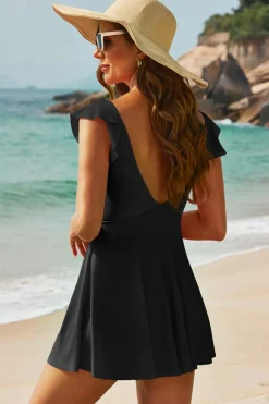 Clearance Dear-Lover 2-tone Patchwork Crossed Cutout One Piece Swimdress Black