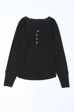 Fashion Dear-Lover Trimmed Neckline Waffle Knit Henley Top Black