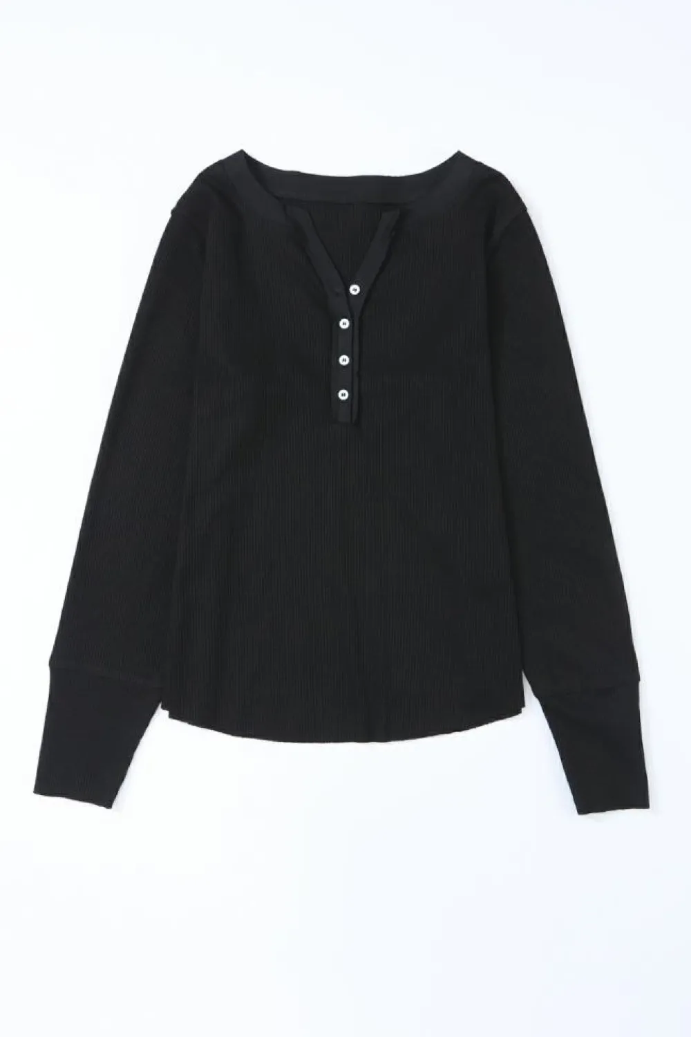 Fashion Dear-Lover Trimmed Neckline Waffle Knit Henley Top Black
