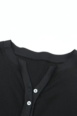 Fashion Dear-Lover Trimmed Neckline Waffle Knit Henley Top Black