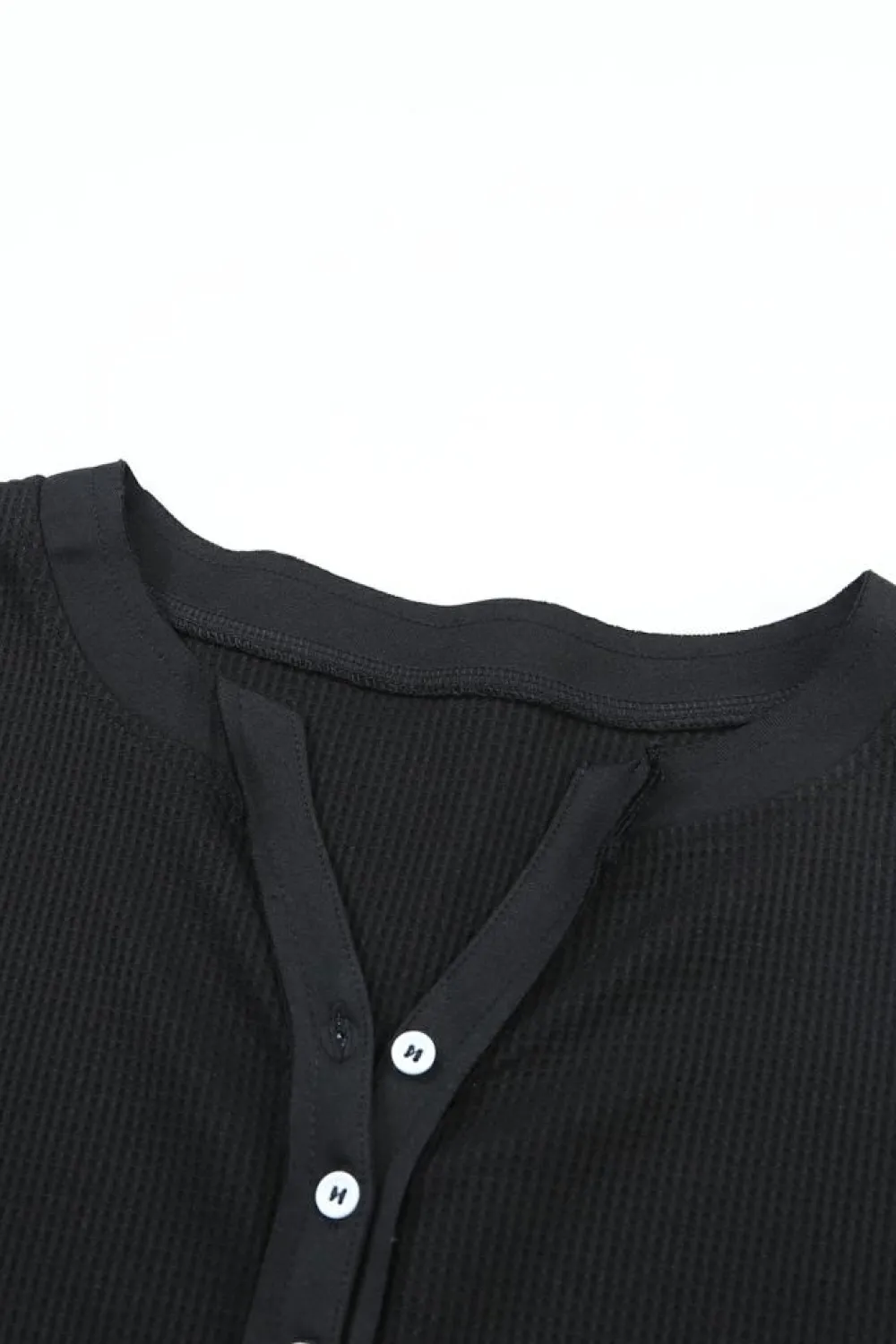 Fashion Dear-Lover Trimmed Neckline Waffle Knit Henley Top Black