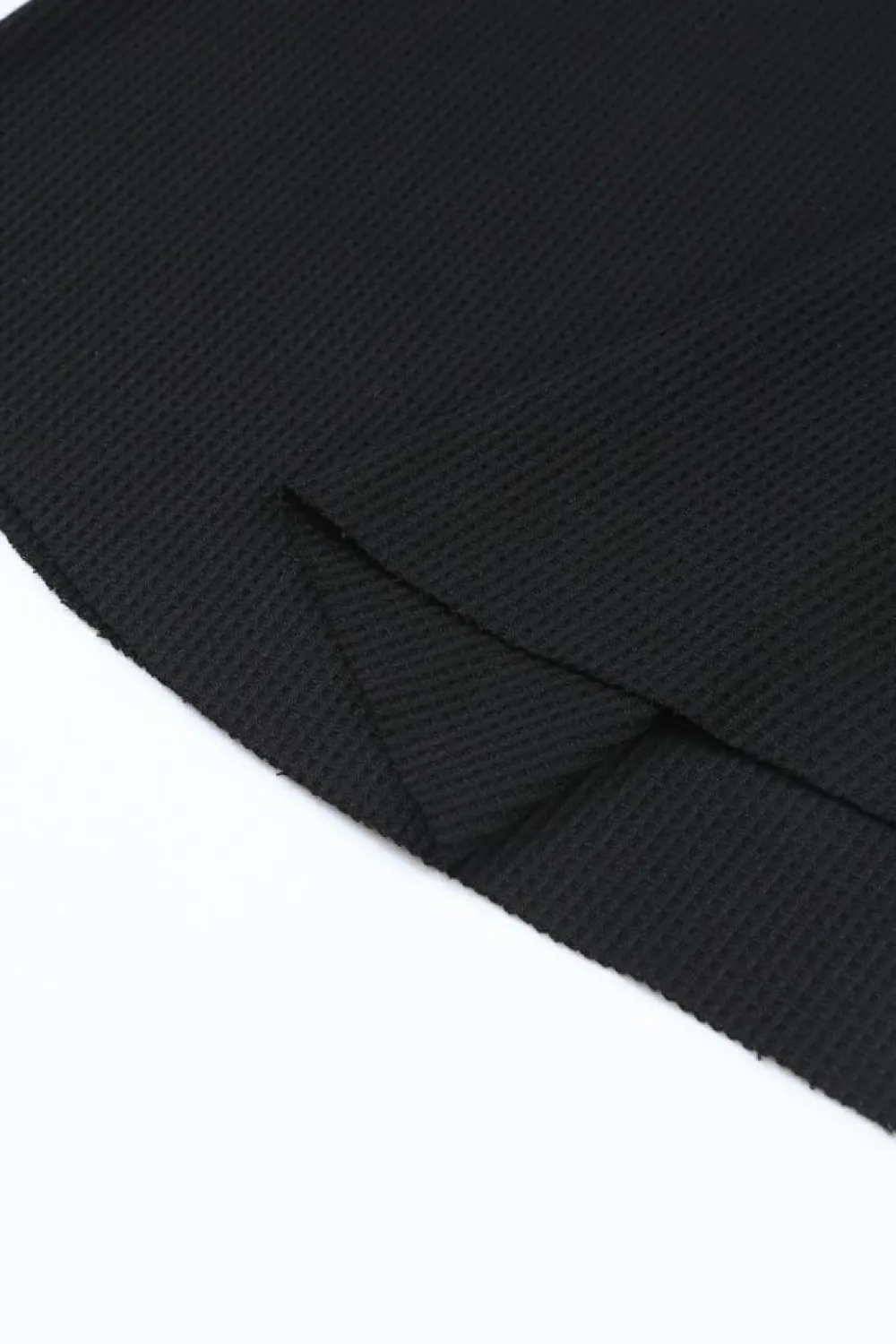 Fashion Dear-Lover Trimmed Neckline Waffle Knit Henley Top Black