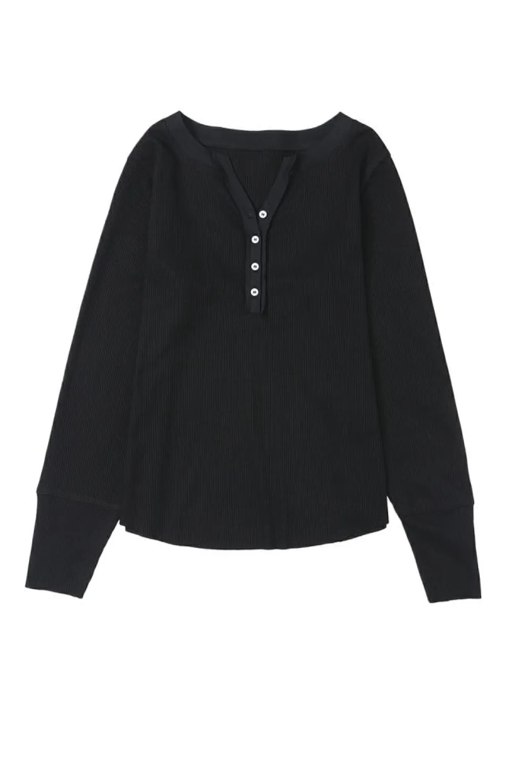 Fashion Dear-Lover Trimmed Neckline Waffle Knit Henley Top Black