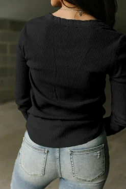 Fashion Dear-Lover Trimmed Neckline Waffle Knit Henley Top Black