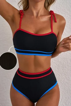 Online Dear-Lover Triple Color Trimmed High Waist Bikini Set Black