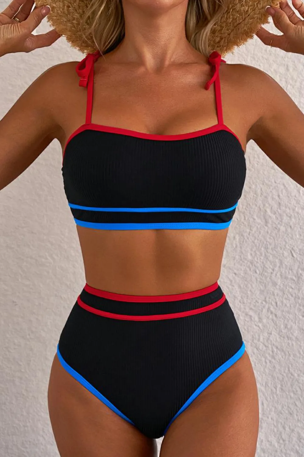 Online Dear-Lover Triple Color Trimmed High Waist Bikini Set Black