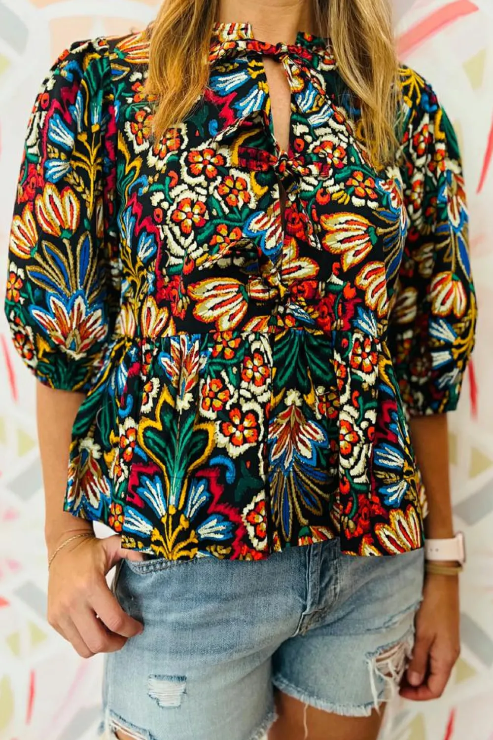 Hot Dear-Lover Tropical Print Bubble Sleeve Knot Front Blouse Black