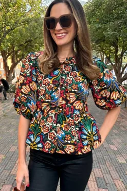 Hot Dear-Lover Tropical Print Bubble Sleeve Knot Front Blouse Black
