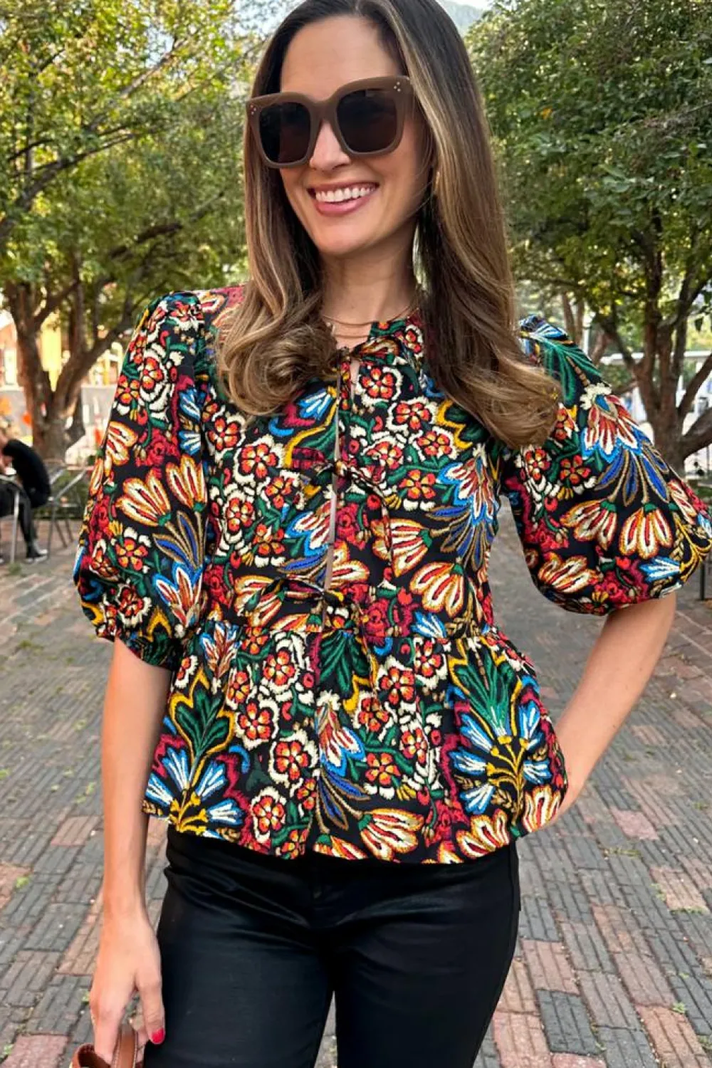Hot Dear-Lover Tropical Print Bubble Sleeve Knot Front Blouse Black