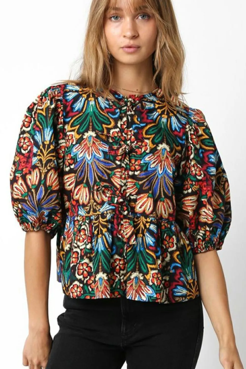 Hot Dear-Lover Tropical Print Bubble Sleeve Knot Front Blouse Black