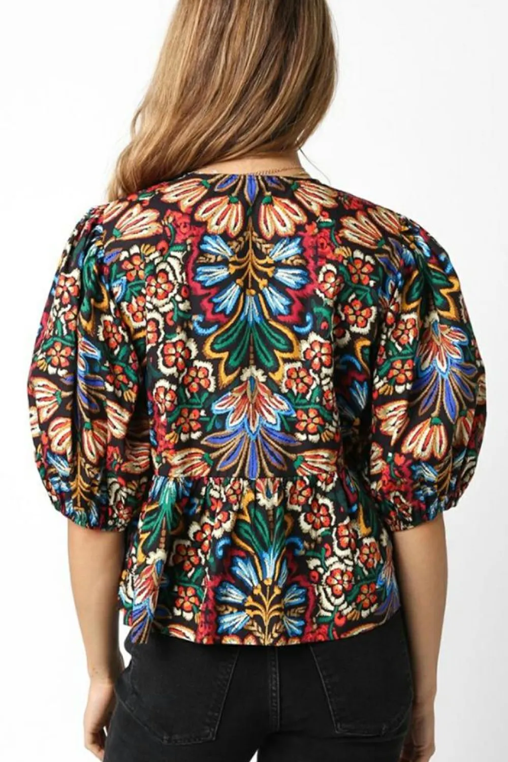 Hot Dear-Lover Tropical Print Bubble Sleeve Knot Front Blouse Black