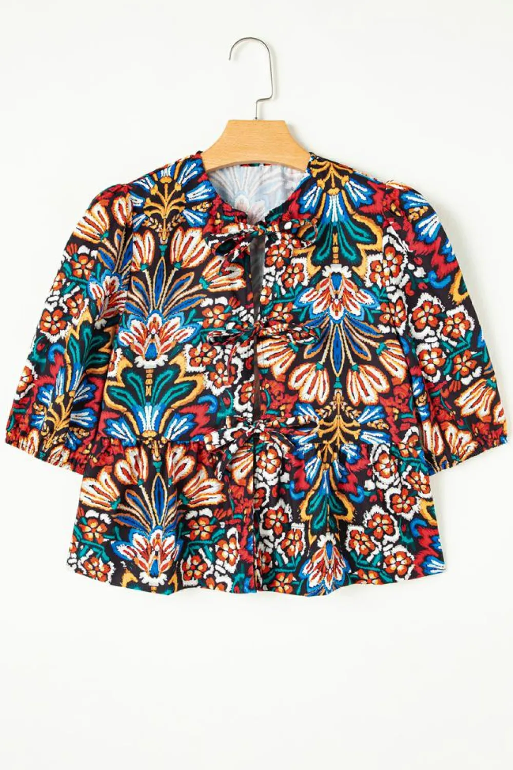 Hot Dear-Lover Tropical Print Bubble Sleeve Knot Front Blouse Black