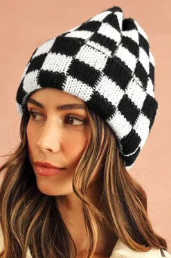 Outlet Dear-Lover Two Tone Checkered Folded Eaveless Beanie Cap Black