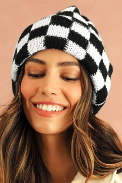 Outlet Dear-Lover Two Tone Checkered Folded Eaveless Beanie Cap Black