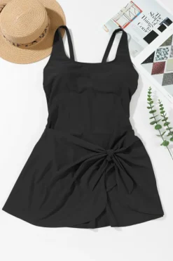 Online Dear-Lover U Neck Adjustable Straps Knotted Skirt Patchwork One Piece Swimsuit Black