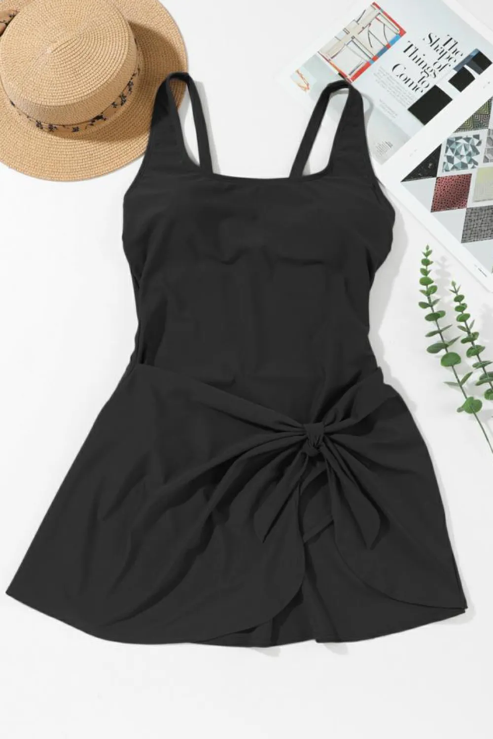 Online Dear-Lover U Neck Adjustable Straps Knotted Skirt Patchwork One Piece Swimsuit Black