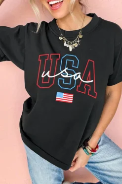 Fashion Dear-Lover USA Letter American Flag Print Casual T Shirt Black