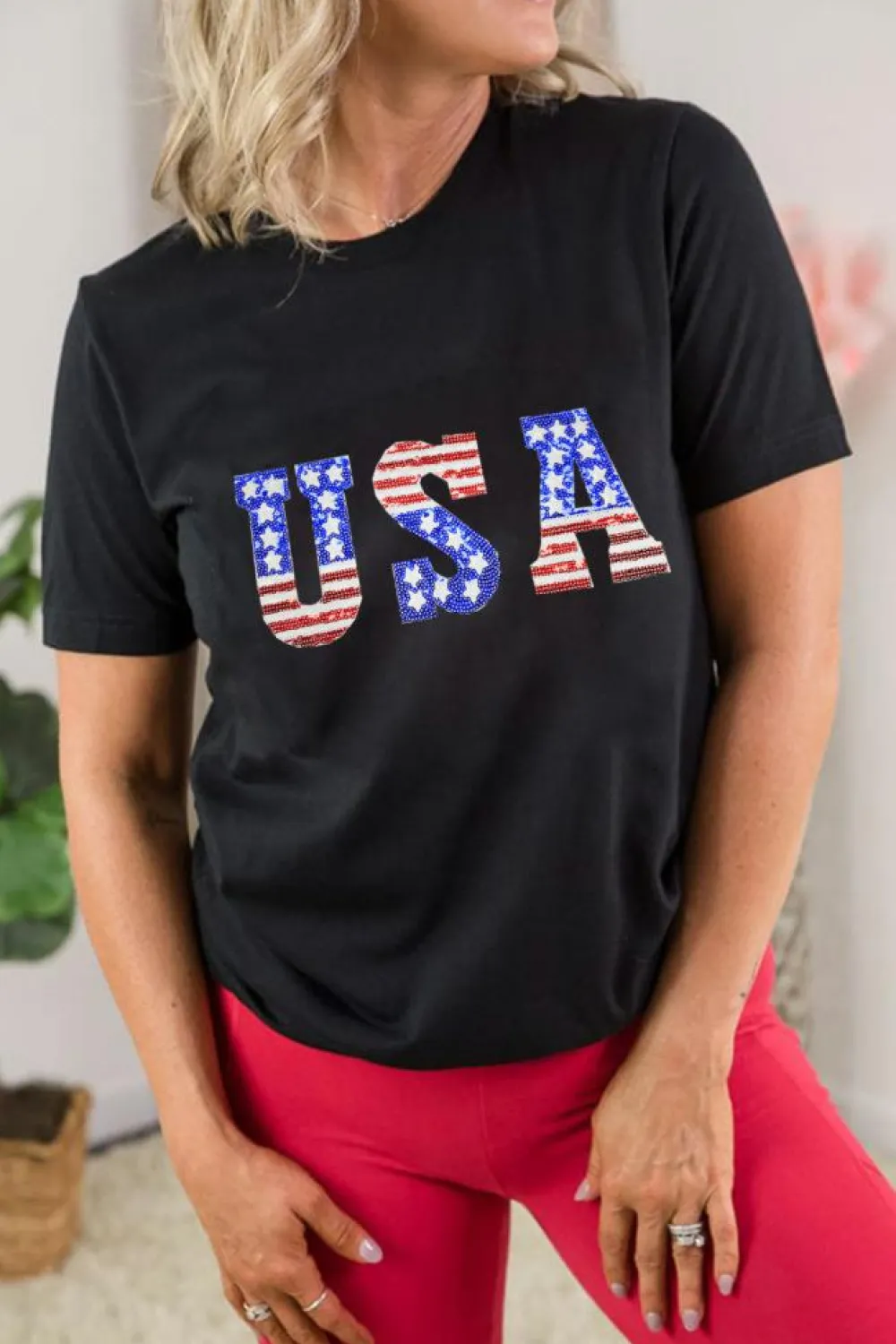 Outlet Dear-Lover USA Stars and Stripes Crew Neck Graphic Tee Black
