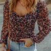 Outlet Dear-Lover  V Neck Bubble Sleeve Floral Blouse Black