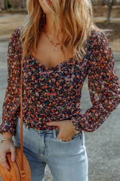 Outlet Dear-Lover V Neck Bubble Sleeve Floral Blouse Black