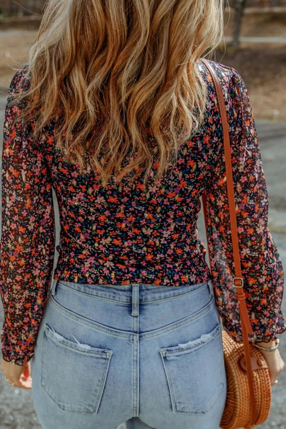 Outlet Dear-Lover V Neck Bubble Sleeve Floral Blouse Black
