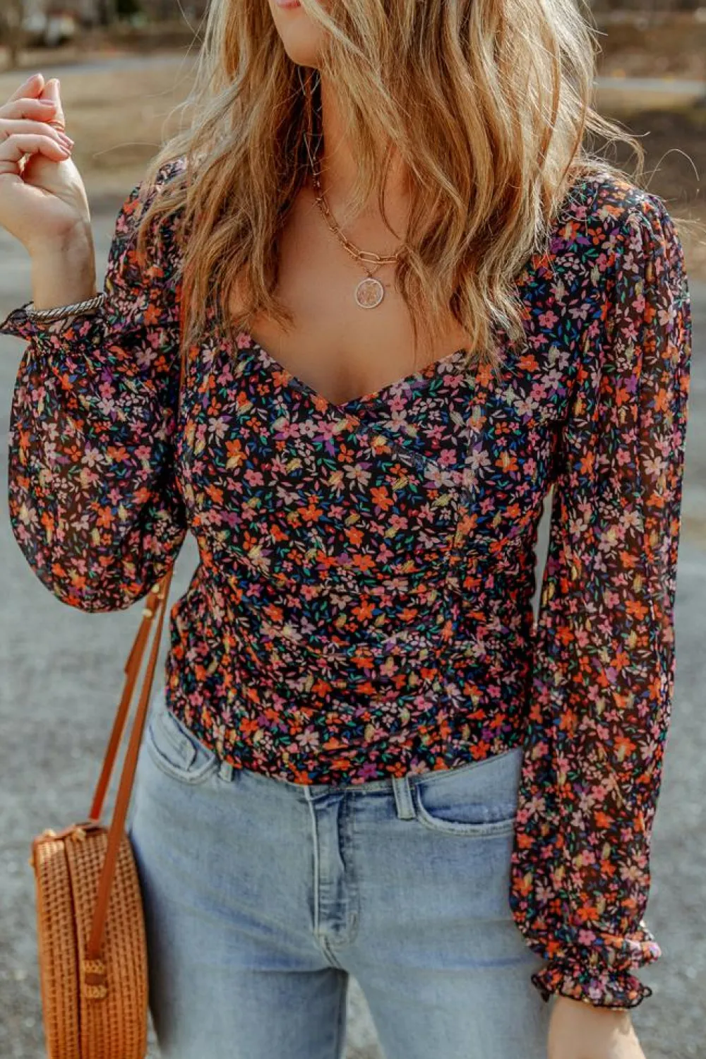 Outlet Dear-Lover V Neck Bubble Sleeve Floral Blouse Black