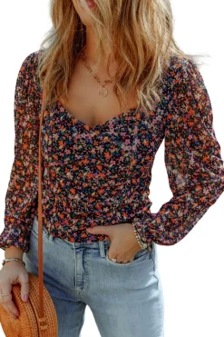 Outlet Dear-Lover V Neck Bubble Sleeve Floral Blouse Black