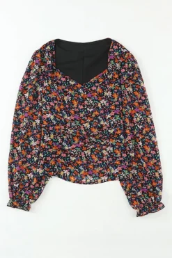Outlet Dear-Lover V Neck Bubble Sleeve Floral Blouse Black